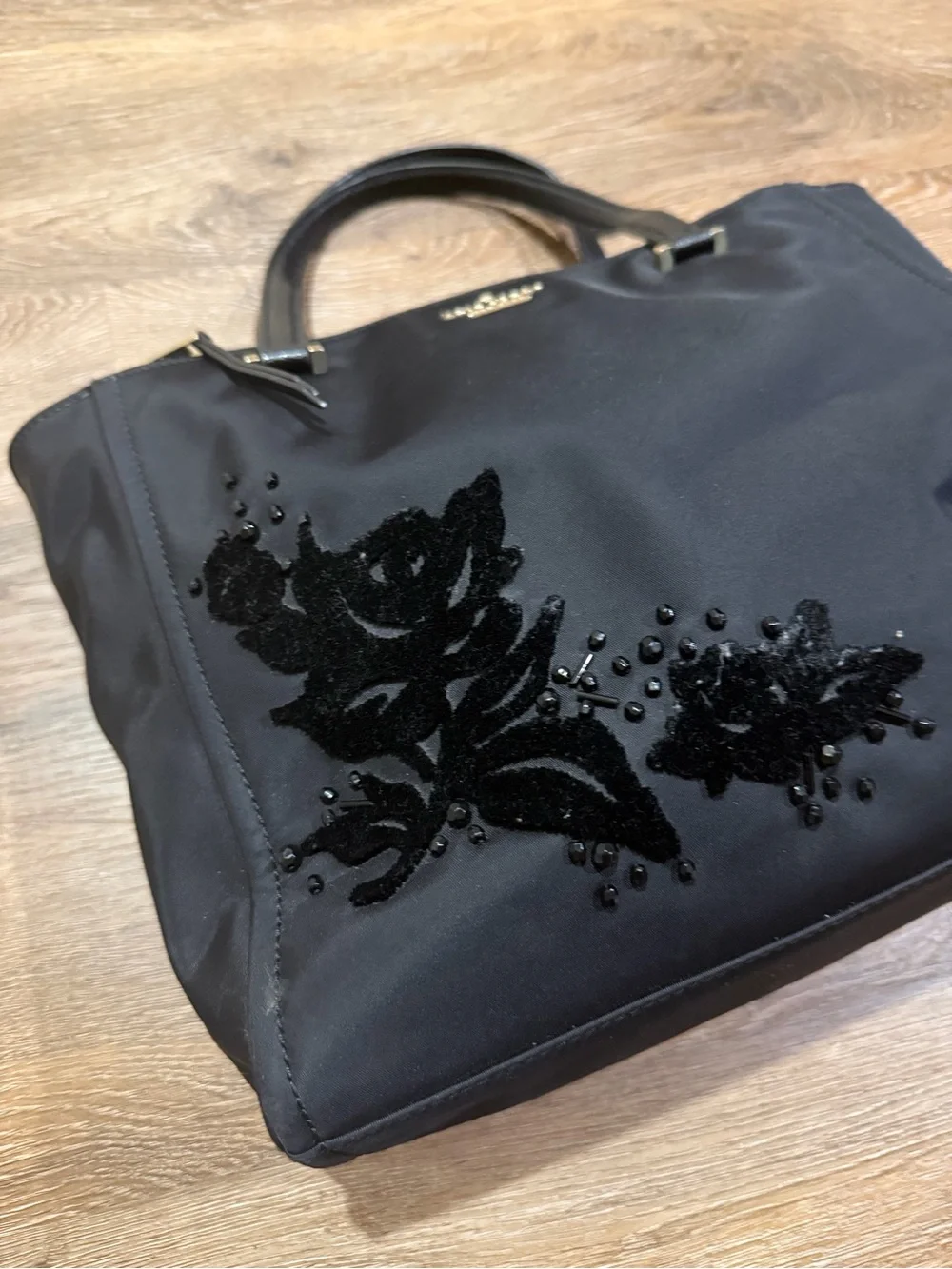 Kate Spade Dawn Black Floral Embellish Nylon Satchel Tote Bag No Shoulder Strap
